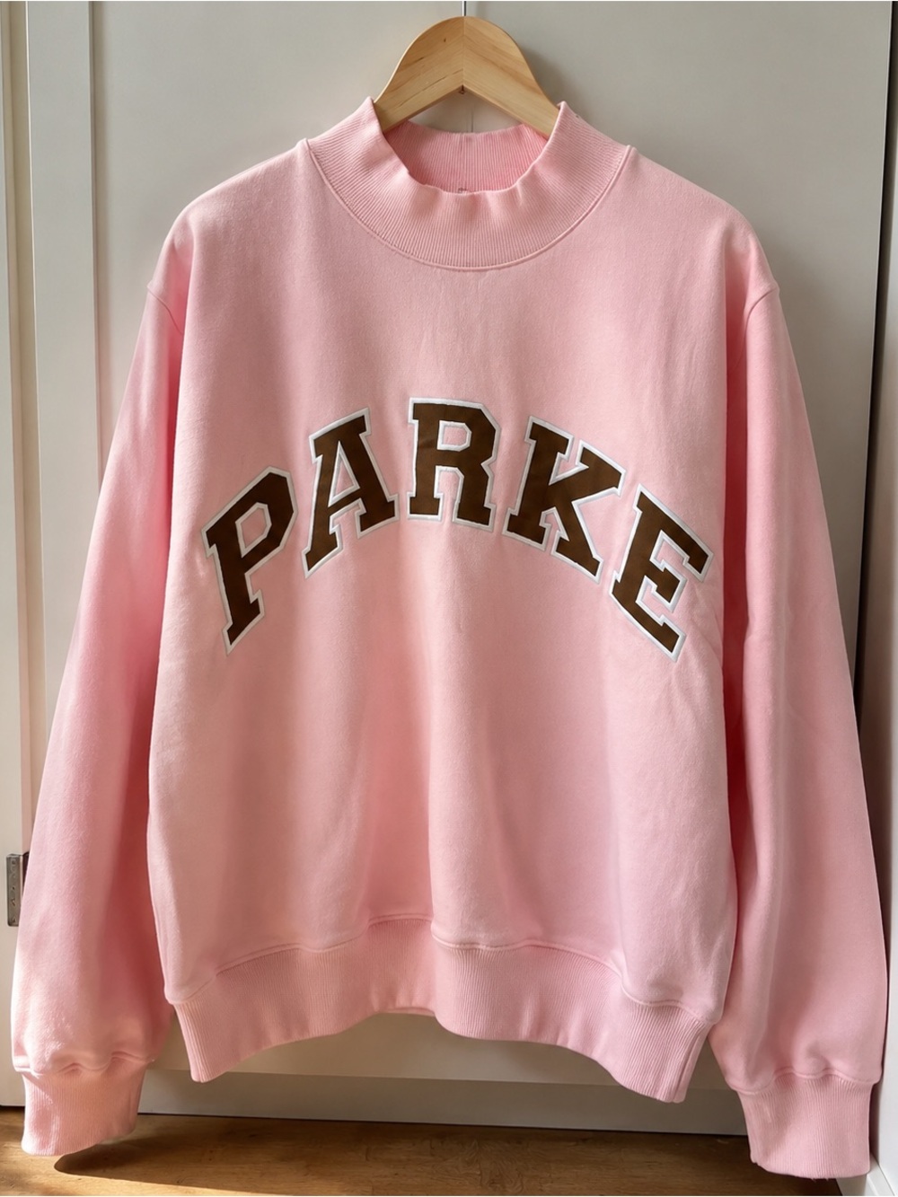 Parker Pink Crewneck with Brown Collegiate Lettering